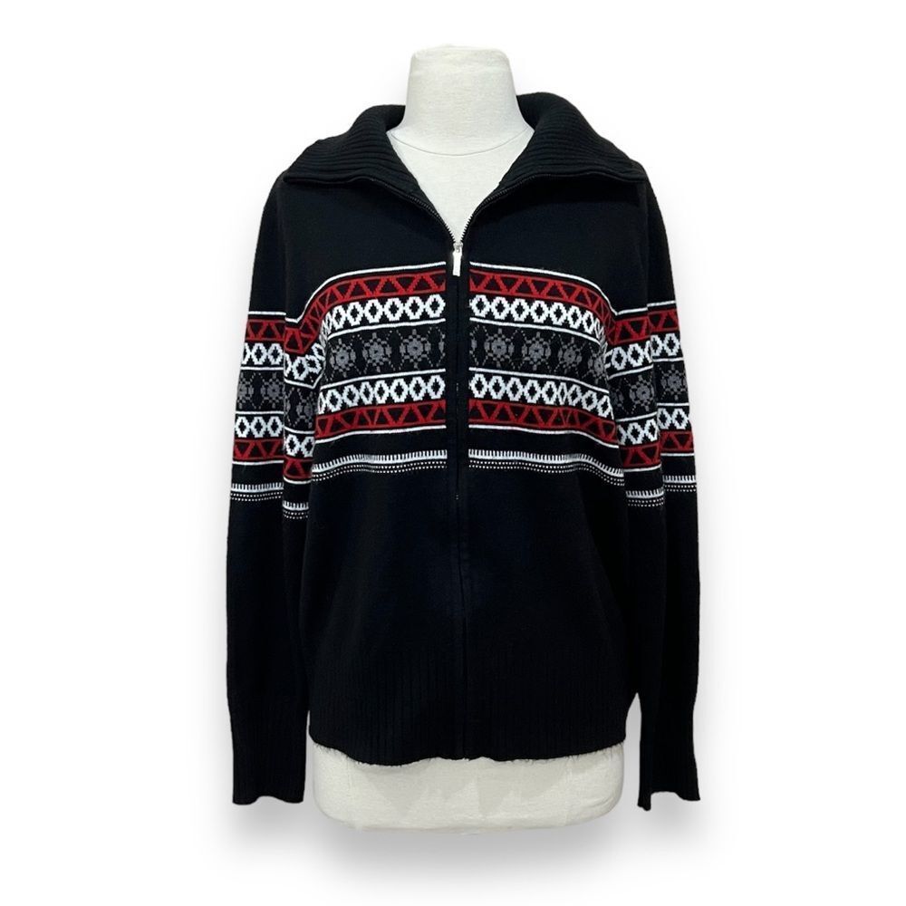Josephine Chaus Fair Isle Full Zip Black Sweater Large